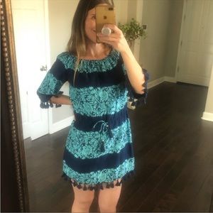 Spiaggia Dolce teal blue off the shoulder tassel tropical dress